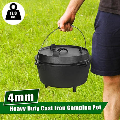 5QT Cast Iron Dutch Oven with Stainless Steel Scrubber, HaSteeL 2-In-1 Pre-seasoned Camping Pot, Heavy Duty Campfire Pot with Feet for Outdoor Stovetop Griddle Cooking Baking Roasting Stewing