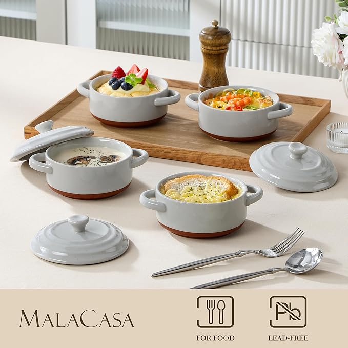 MALACASA Mini Cocotte Set - 12 OZ Ramekins with Lids and Handles, Small Casserole Dishes for Oven, Ceramic Small Baking Dish Set of 4, Microwave & Dishwasher Safe, Khaki Grey, Series TARA - Image 3