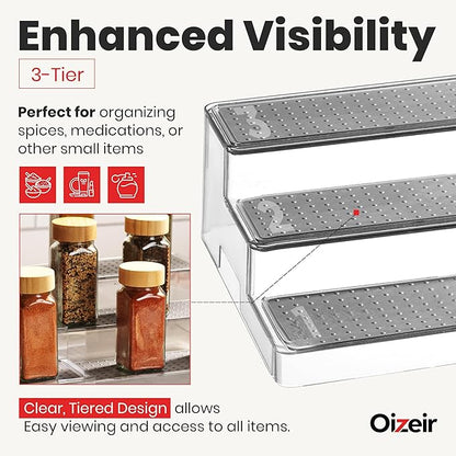 Oizeir Expandable Spice Rack Organizer for Cabinet (2 Pack), 3-Tier Clear Tiered Shelf, Non-Slip Adjustable Spice Cabinet Organizer for Kitchen Pantry, Medicine, Seasoning & Bottle Storage - Image 4