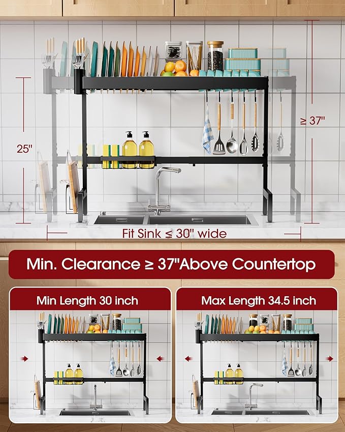 Sakugi Over The Sink Dish Drying Rack, Expandable 2-Tier Stainless Steel Kitchen Storage Organization Accessories for Countertop, Rustproof & Space-Saving, 30"–34.5" L x 12" W x 25" H, Black - Image 3