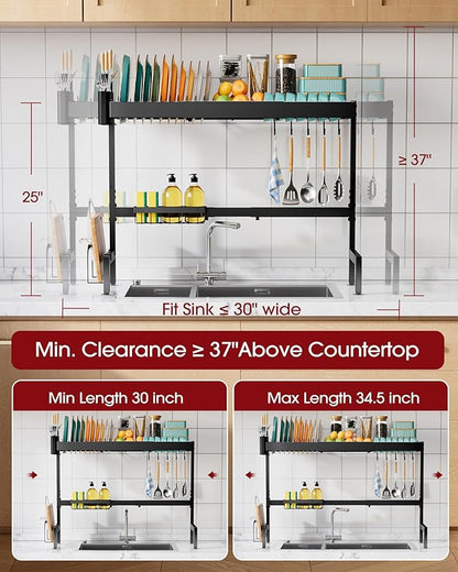 Sakugi Over The Sink Dish Drying Rack, Expandable 2-Tier Stainless Steel Kitchen Storage Organization Accessories for Countertop, Rustproof & Space-Saving, 30"–34.5" L x 12" W x 25" H, Black - Image 3