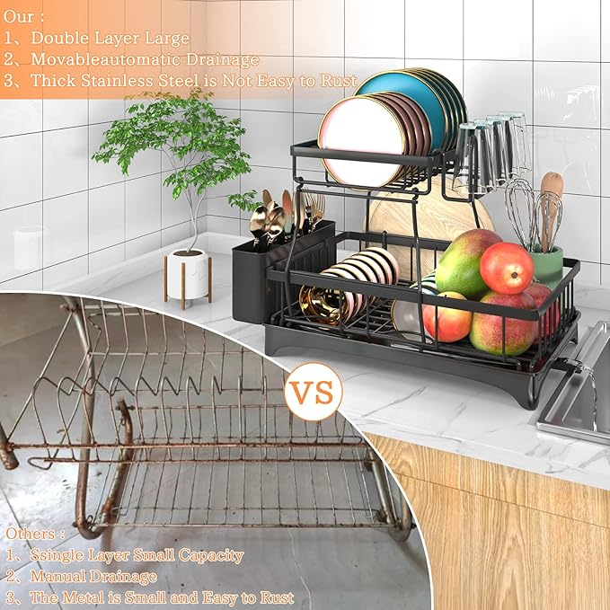 Godboat Dish Drying Rack, 2-Tier Dish Rack with Auto-Drain & Mat, Dish Racks for Kitchen Counter, Dish Drainer with Knife, Fork & Cup Rack, Gifts for Women, Mothers Day, Cool Stuff & Kitchen Gadgets - Image 5