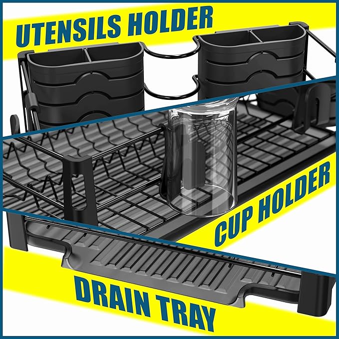 Simple Houseware Dish Drying Rack with Drainboard, Utensil Holder & Mug Hooks, Black Metal Kitchen Counter Organizer - Image 3
