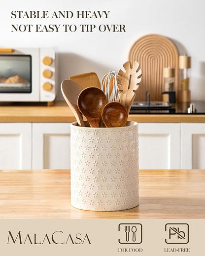 MALACASA LYDIA Ceramic Utensil Holders, 7.3"+5.5" Kitchen Utensil Crock Set for Countertop, Large & Small Utensil Organizers for Cooking Tools, Five-Leaf Grass Pattern - Image 3