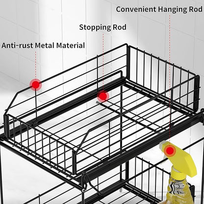 SUEH DESIGN Under Sink Organizers and Storage, 2 Tier Metal Under Sink Storage with Hanging Rail for Kitchen Bathroom Cabinet Organizer, 2 Pack