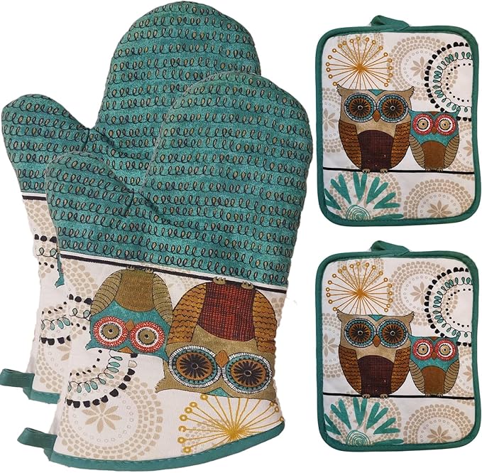 Oven Mitts and Pot Holders Sets, Funny Owl Kitchen Oven Mitts Heat Resistant 500 Degrees, Pure Cotton Hot Pads and Oven Mitts Sets for Baking,Cooking,BBQ Grilling-(Owl, 4Pcs)
