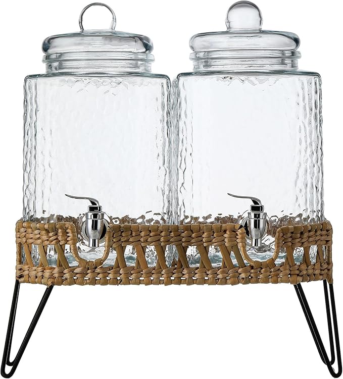 MosJos Beverage Dispensers - Set of 2 Glass Drink Dispensers with Metel Stand - 1.5-Gallon Capacity - Perfect for Lemonade, Juice, Water, Iced Tea, Punch (Wicker Design-Clear) - Image 7