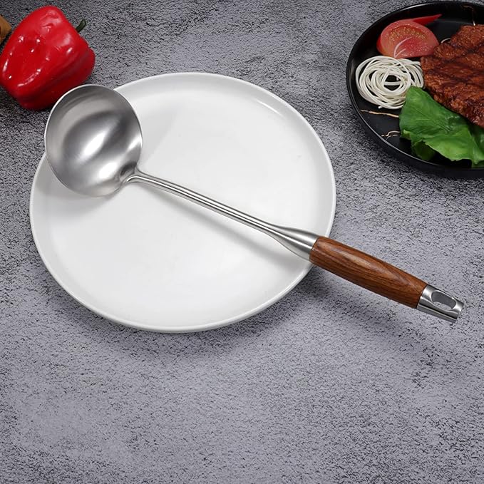 AOOSY Soup Ladle,304 Stainless Steel Cooking Ladle Spoon with Wooden Handle, 13.8 Inches Soup Spoon Long Kitchen Utensil Wok Tool for Cooking, Gravy, Sauces