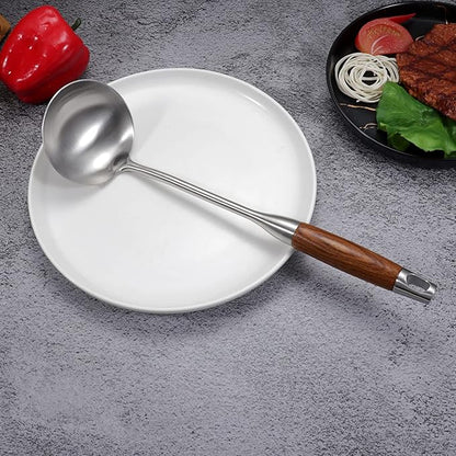 AOOSY Soup Ladle,304 Stainless Steel Cooking Ladle Spoon with Wooden Handle, 13.8 Inches Soup Spoon Long Kitchen Utensil Wok Tool for Cooking, Gravy, Sauces