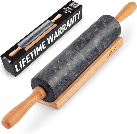 Zulay Kitchen 17-Inch Marble Rolling Pin With Stand - Polished Marble Rolling Pins For Baking - Long Rolling Pin Marble With Beechwood Handle - Non-stick Roller Pin For Baking Pastries, Bread & Pizza by ZulayKitchen