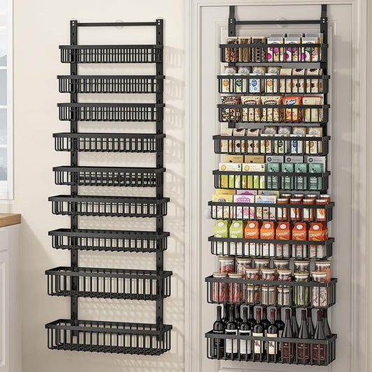 POKIPO 9 Tier Over The Door Pantry Organizer, 2 in 1 Wall Mount or Hanging Spice Rack with Adjustable Deep Basket, Heavy-Duty Seasoning Organizer and Storage for Kitchen Cabinet Closet Bathroom by POKIPO