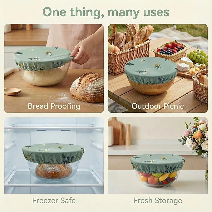 Reusable Bowl Covers (Set of 4) - Breathable Cotton Linen Sourdough Accessories - Elastic Durable Fabric Food Lids for Proofing Baskets & Bread Baking Supplies (Sage Green) - Image 3