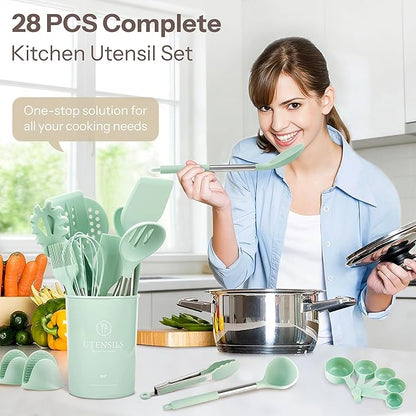 NCUE Silicone Cooking Utensils Set, 28 Pcs Kitchen Utensils Set 446°F Heat Resistant Spatula Set, Food Grade Silicone and Stainless Steel Handle Kitchen Gadgets for Nonstick Cookware BPA Free - Image 2