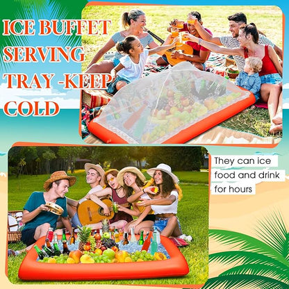 Leitee 3 Pcs Inflatable Serving Bar Kit Includes Salad Buffet Tray with Drain Plug Mesh Food Cover Food Drink Containers and Inflator for Ice Supplies Halloween Party Camping Picnic(Orange)