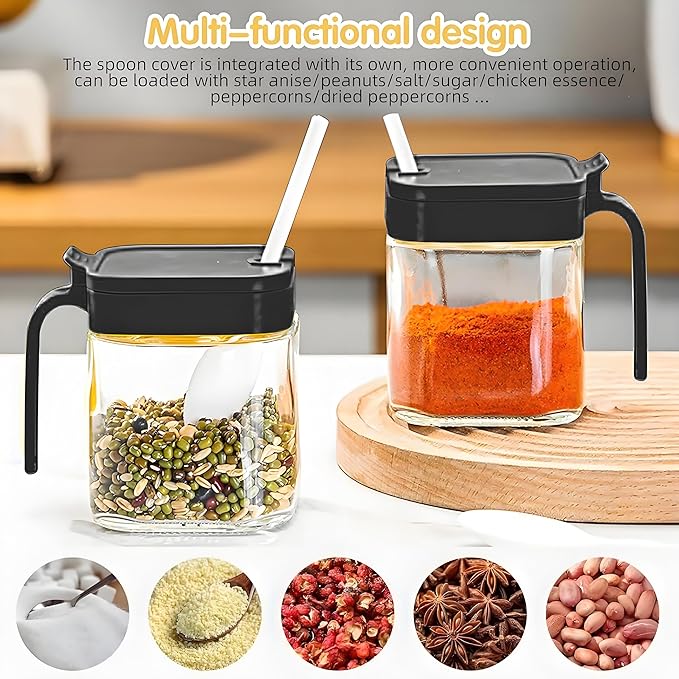 Condiment Jar Spice Container with Lids and Spoons, Kitchen Spice Pot Set of 3, 11oz Clear Glass Condiment Pot with Tray, Kitchen Salt Pepper Sugar Storage Container Jar (black, 300ml)