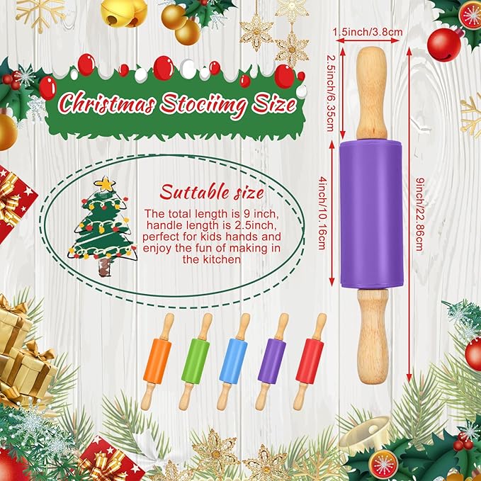 10 Pcs Mini Rolling Pin, 9 Inch Small Silicone Rolling Pin for Baking Non Stick Dough Roller with Wooden Handle 5 Colors for Kitchen Cookie Pastry Fondant Cake