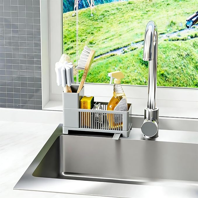 Rustproof Kitchen Sink Organizer for Countertop,Multifunctional Sink Organizer Caddy & Organization,Scrub Brush and Sponge Holder,Plastic Sink Storage Rack,Sponge Drain Rack,Dish Soap Dispenser,Grey - Image 2