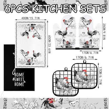 Leinuosen 6 Ink Rooster Farmhouse Kitchen Decor Dish Towels Oven Mitts and Pot Holders Sets Chicken Kitchen Towels Absorbent Decorative Accessories for Cooking Baking Grilling