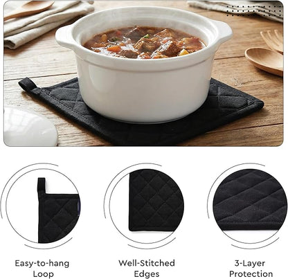 Encasa XO Heat Resistant 100% Cotton Oven Glove & Potholder Set with Loop, Kitchen Cooking Mittens, Microwave Safe Hot Pads (Full Black)