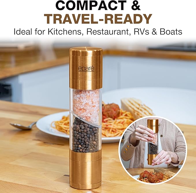 Eparé 2 in 1 Gold Salt and Pepper Grinder Combo - Brass All in One Dual Salt & Pepper Grinder Set in One for Kitchen - Manual Grinding Salt Pepper Mill Refillable - Stainless Steel - Image 3