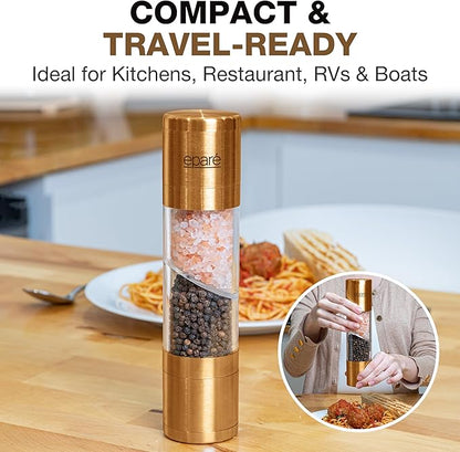 Eparé 2 in 1 Gold Salt and Pepper Grinder Combo - Brass All in One Dual Salt & Pepper Grinder Set in One for Kitchen - Manual Grinding Salt Pepper Mill Refillable - Stainless Steel - Image 3