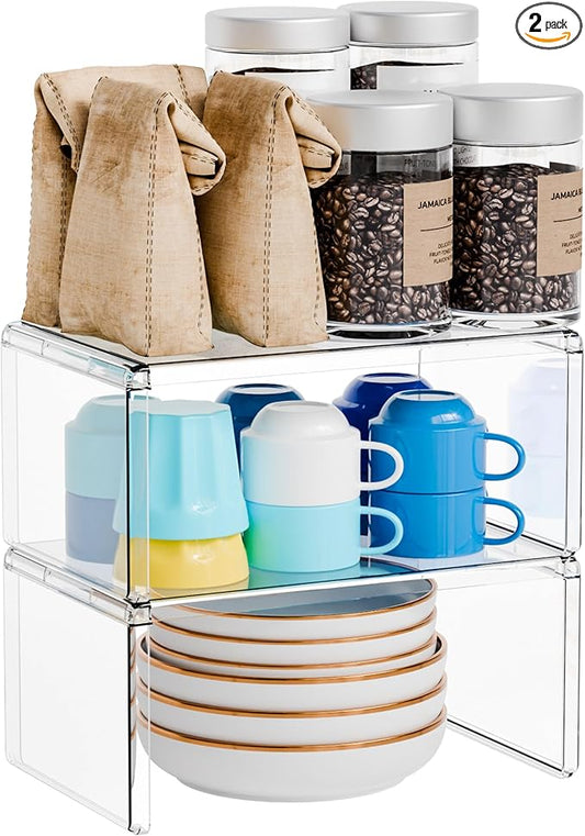 Yieach 2 Pack Acrylic Cabinet Organizer,2 Tier Stackable Shelves for Cabinets,RV Pantry Organization,Counter Space Saver Desk Organizers,Cupboard Shelf and Cabinet Stand & Risers for Mug,Cup,Dish by Yieach
