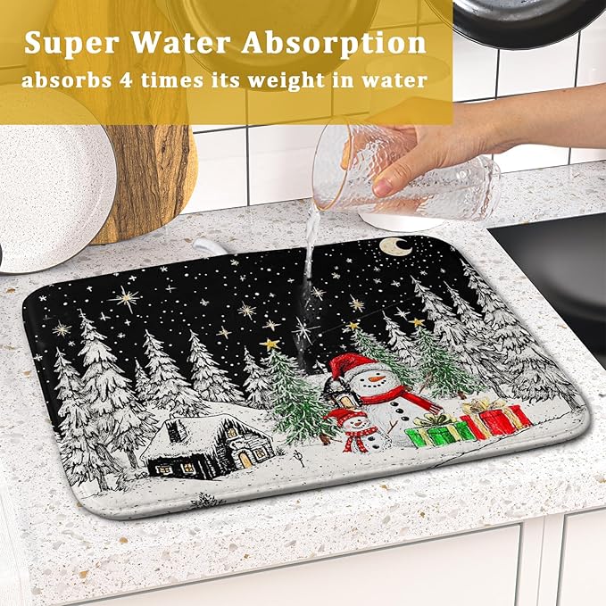 Winter Snowman Dish Drying Mat 18 X 16 in Black Microfiber Dish Pad Absorbent Holiday Kitchen Accessories - Image 7