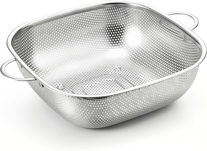 E-far 6QT Stainless Steel Colander with Handle - Square Metal Kitchen Strainer for Pasta & Vegetable Draining, Micro-Perforated & Elevated Feet, Dishwasher Safe by E-far