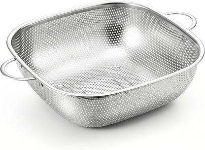 E-far 6QT Stainless Steel Colander with Handle - Square Metal Kitchen Strainer for Pasta & Vegetable Draining, Micro-Perforated & Elevated Feet, Dishwasher Safe by E-far