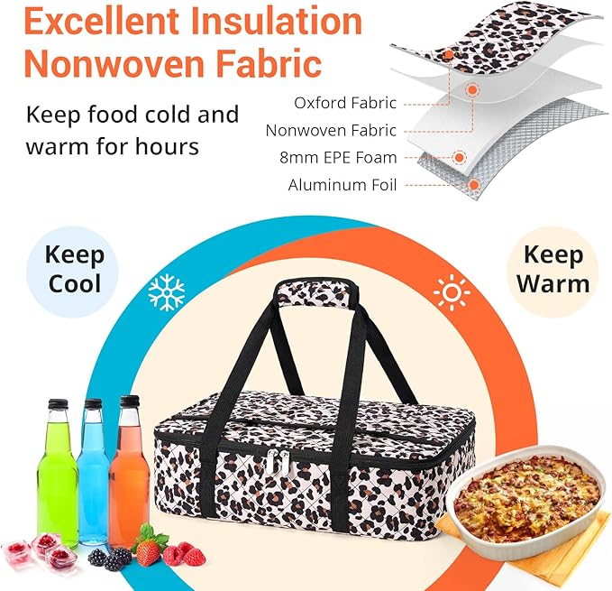 Insulated Casserole Carrier Portable Food Tote for Hot or Cold – Fits 9"x13" Baking Dish, Lasagna Holder for Parties, Picnic, Travel, Beach - Leopard Print