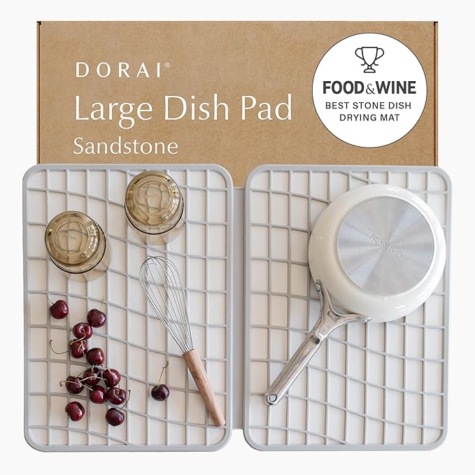 Dorai Home Dish Pad - Collapsable Stone Dish Drying Mat with Diatomaceous Earth for Quick Drying - Ultra Absorbent - Encased in Woven Silicone - Eco-Friendly, Foldable - Large 24.6" x 16.5", Sandstone by DoraiHome