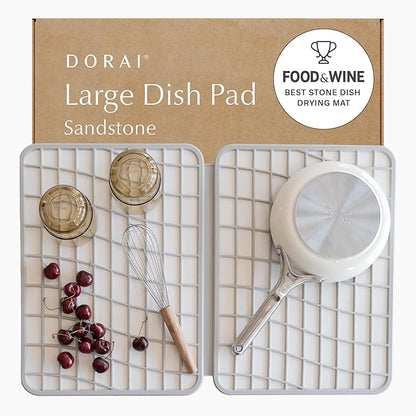 Dorai Home Dish Pad - Collapsable Stone Dish Drying Mat with Diatomaceous Earth for Quick Drying - Ultra Absorbent - Encased in Woven Silicone - Eco-Friendly, Foldable - Large 24.6" x 16.5", Sandstone by DoraiHome