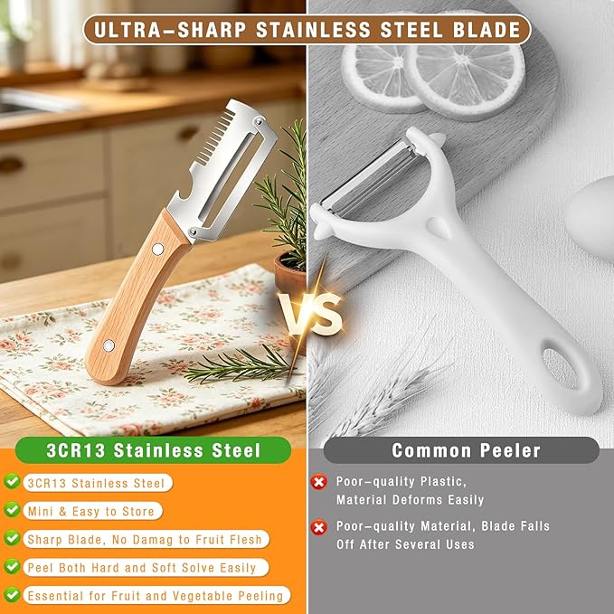 2 Pack Multifunctional Vegetable Peeler with Wooden Handle, 3-In-1 Veggie Peeler with Scallion Shredder and Bottle Opener, Stainless Steel Kitchen Peeler for Fruit Pumpkin Potato Carrot - Image 4