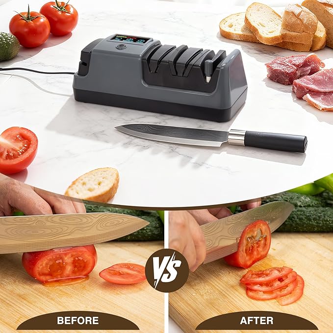 Professional 3-Stage Electric Knife Sharpener for Kitchen Knives, LCD Screen, 100% Diamond Abrasive, Adjustable Rotational Speed, Precision Angle Guides for All Kitchen Knives - Image 4