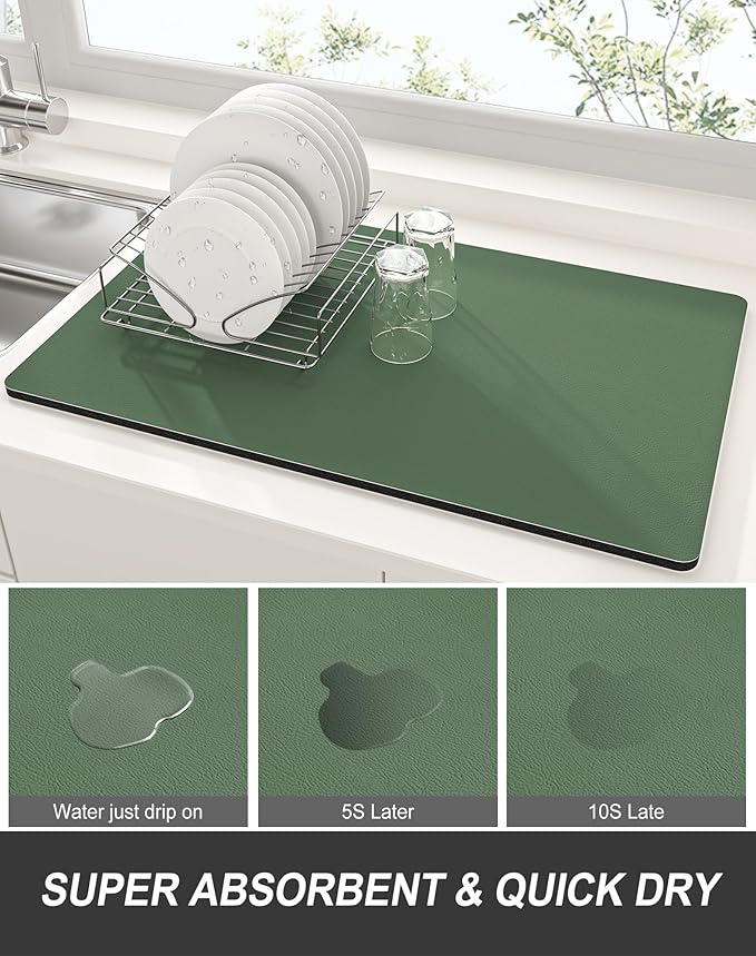 Rnivvi Dish Drying Mat for Kitchen Counter, XL 15 x 24" Super Absorbent Drainer Pad Easy Clean Dish Rack Pad, Non-Slip Heat Resistant Coffee Bar Mat for Coffee Machine Station Accessories,Forest Green - Image 3