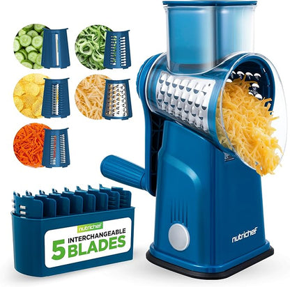 NutriChef 5 in 1 Cheese Grater & Shredder | 5 Different Blades for Thin, Thick, Julienne Strips, Wavy, & Straight Strips | Includes Hand Crank, Strong Suction Base & Storage Container | Blue by NutriChef%E2%84%A2Kitchen