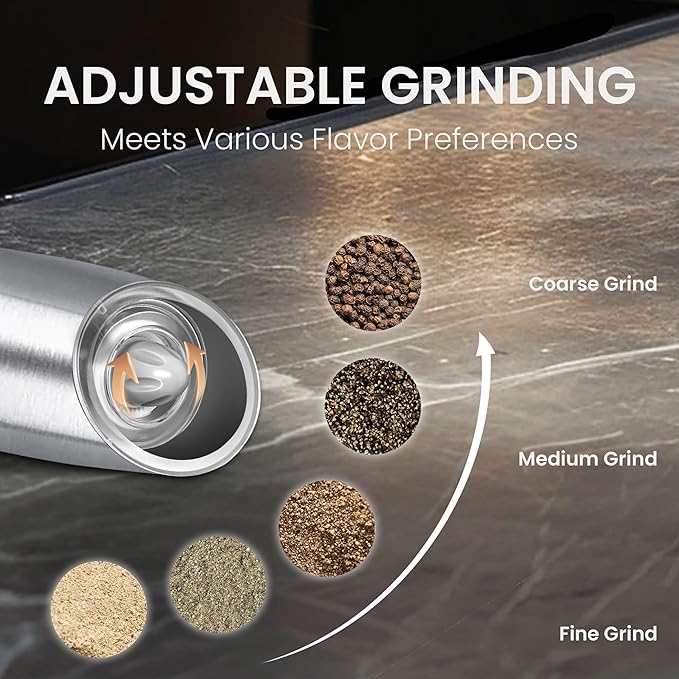 Rechargeable Salt And Pepper Grinder Set with LED Light, Automatic Electric Gravity Salt And Pepper Shakers Set, No Battery Needed, Adjustable Roughness, 2 Pack (Silver) - Image 3