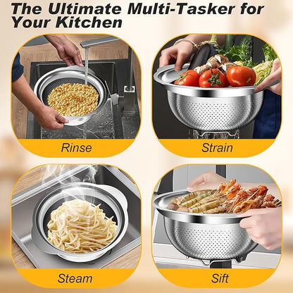 Colander, Stainless Steel Colander for Kitchen, 3Pcs Kitchen Gadget Food Strainer Basket with Handle, Kitchen Strainer Colanders Bowl for Pasta Noodles Spaghetti Vegetables Fruit (2QT, 3QT, 5QT) - Image 4