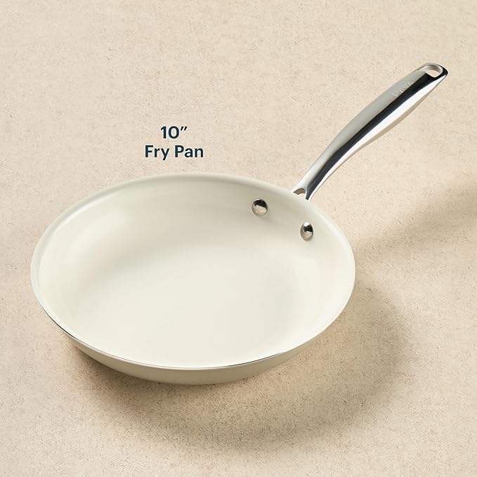 Pyrex 10-Inch Fry Pan Ceramic Cookware with Stainless Steel Handle, Healthy Nonstick Ceramic Coating, Induction Compatible Stainless Steel, PFAS Lead Cadmium BPA Free