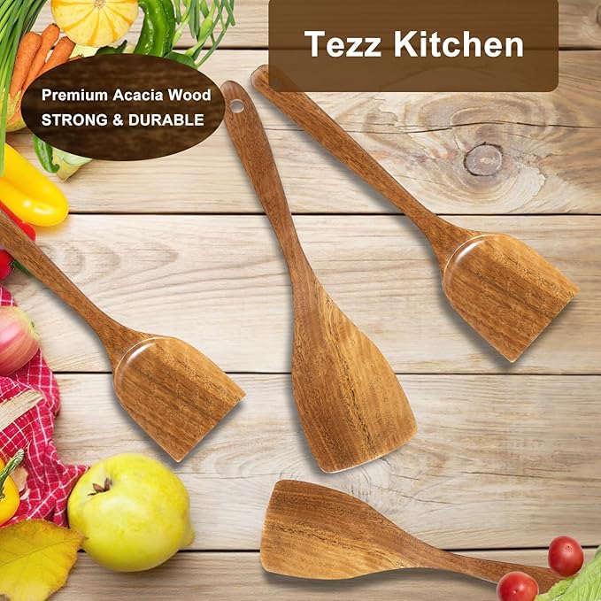 Wooden Spatulas, 2 PCs Natural Acacia Wooden Cooking Utensils Set for Non-stick Pan Kitchen Tool, flipping and Wok Spatula, Wooden Spoons & Spurtle for Cooking - Image 7