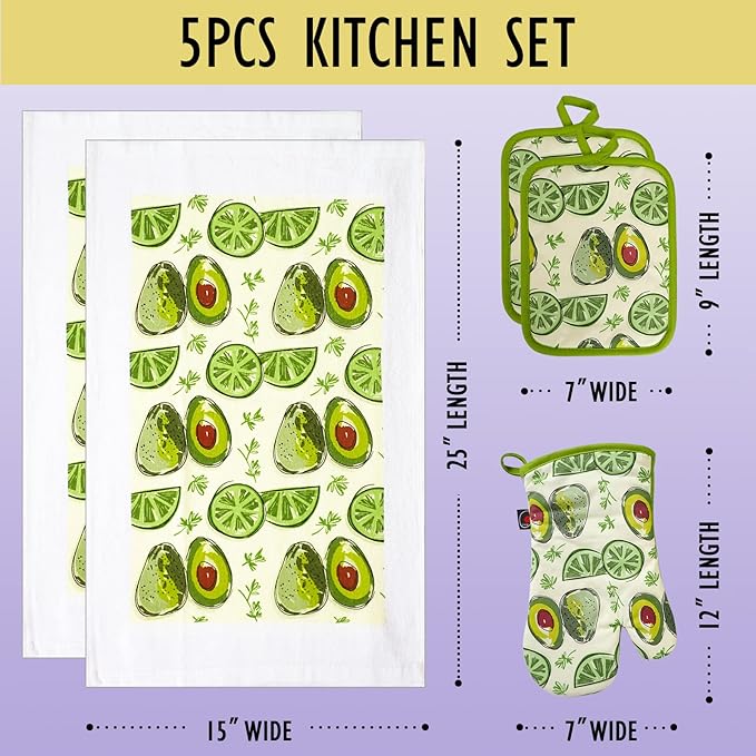 Oven Mitts and Potholders Dish Towles Set 100% Cotton for Perfect for Gifting, Baking and Everyday Cooking Durable Heat Resistant for Kitchen (5-Piece Lemon Avocado) - Image 5