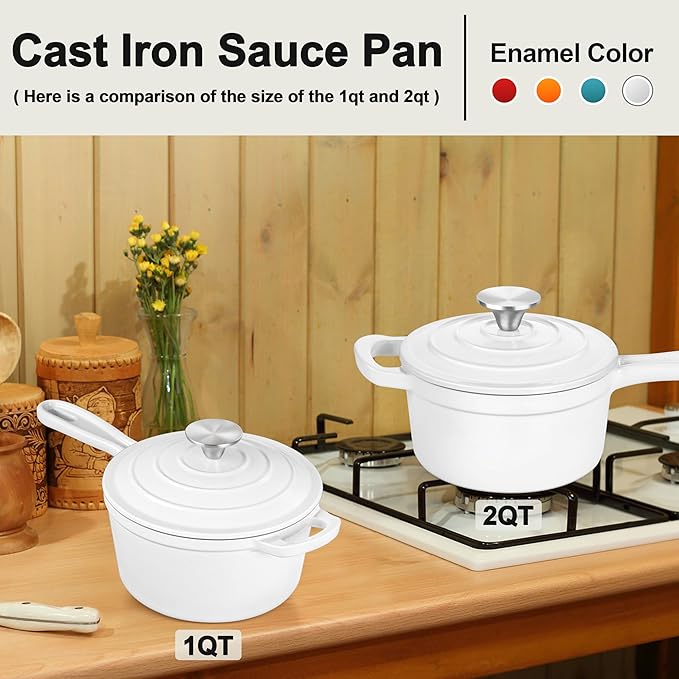 1 Qt & 2 Qt Pots and Pans Set, Leonyo Enameled Cast Iron Saucepan with Lid, Small Cast Iron Dutch Oven Kitchen Cookware Appliances for All Cooktops Cooking Pasta, Milk, Egg - Up to 500°F, White