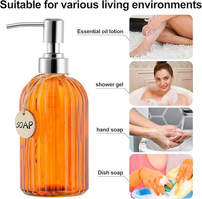 MOCLIF 16 OZ Soap Dispenser，Tempered Glass Clear Vertical Stripe with 304 Rust Proof Stainless Steel Pump Refillable Liquid Hand Soap Dispenser，for Bathroom, Kitchen, Dish Soap，Lotion (Orange) - Image 4
