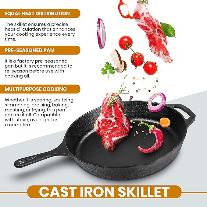 Utopia Kitchen Saute Fry Pan Pre-Seasoned Cast Iron Skillet With Lid, Frying Pan, Cast Iron Pan, Safe Grill Cookware for Indoor & Outdoor Use (1, Black, 10 Inch) - Image 4