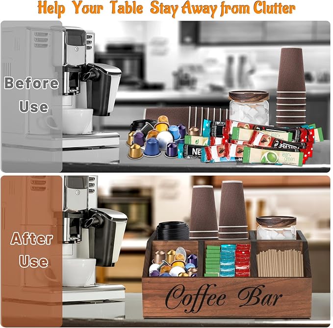 ugiftt Coffee Station Organizer for Counter, Wood Coffee Pods Holder Storage Basket, Tea Condiment Storage Organizer, Rustic Coffe Bar Decor for Accessories - Image 7
