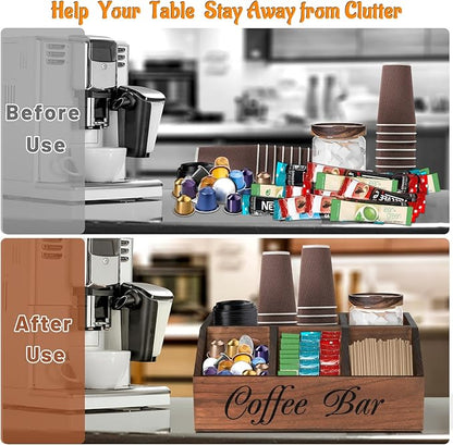 ugiftt Coffee Station Organizer for Counter, Wood Coffee Pods Holder Storage Basket, Tea Condiment Storage Organizer, Rustic Coffe Bar Decor for Accessories - Image 7