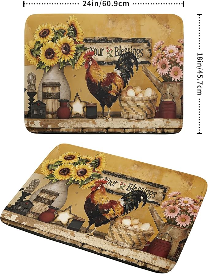 Giwawa Farmhouse Rooster Dish Drying Mat Vintage Chicken Sunflowers Dish Drainer Mats 18"x24" Rustic Primitive Microfiber Reversible Dish Drying Rack Pad Protector for Kitchen Countertop Decor