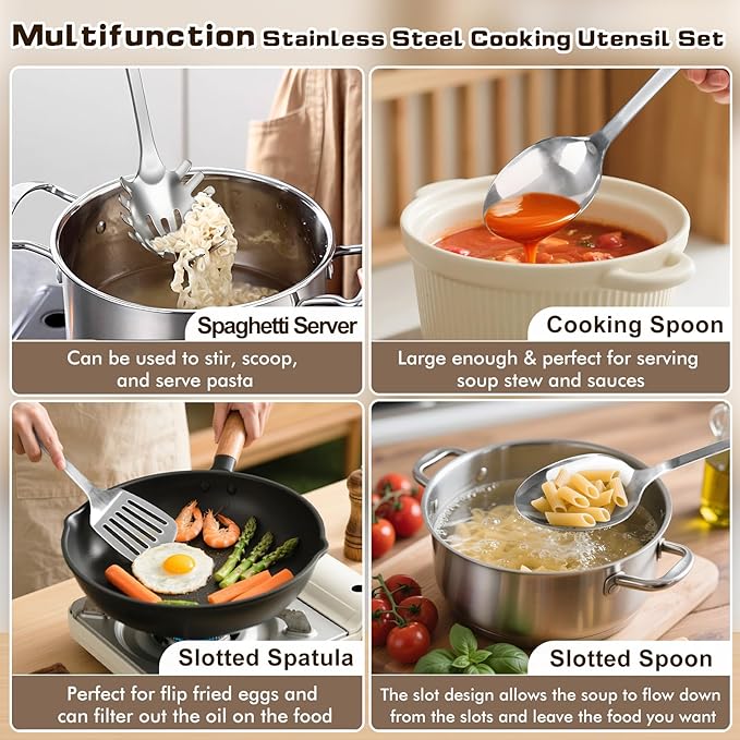 3 Pcs Stainless Steel Cooking Utensils Set, Heat Resistant Kitchen Utensils, Metal Kitchen Tools Include Solid & Slotted Spoon, Pasta Server, Ergonomic Handle, Dishwasher Safe, Easy to Clean, Silver - Image 2