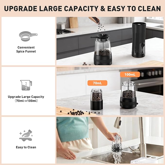 Electric Salt and Pepper Grinder Set, Upgrade 2-Speed Setting, External 5 Adjustable Coarseness, Rechargeable Automatic Salt & Pepper Shakers Mill with Battery Display, Storage Base & Led Light, Black - Image 6