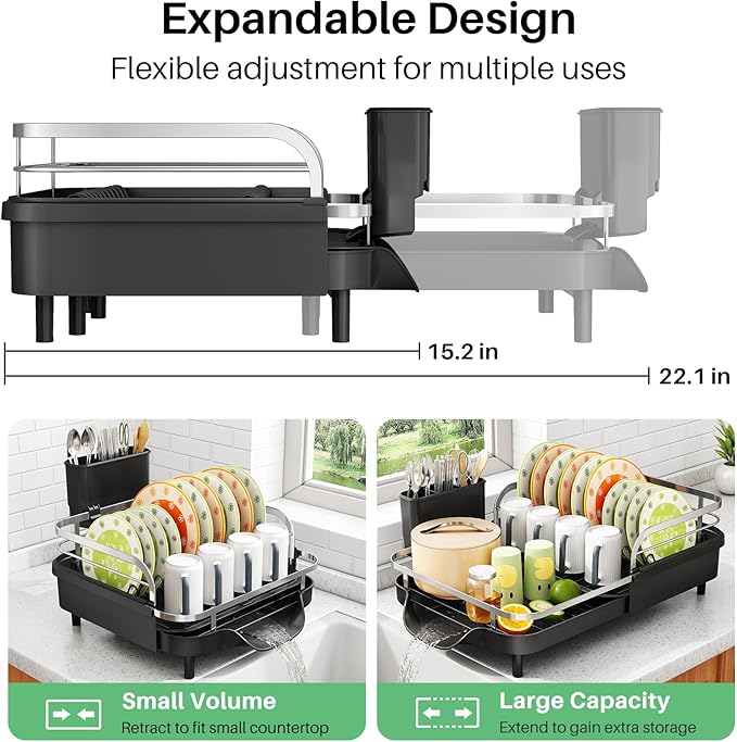 SAYZH Dish Drying Rack - Expandable Dish Rack for Kitchen Counter, Rust-Resistant Dish Drainer with Utensil Holder and Raised Guardrail, Kitchen Organizer for Cup and Bottle (Black) - Image 2